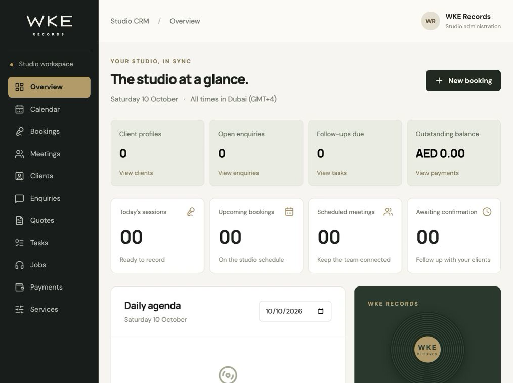 WKE Records studio dashboard showing client profiles, enquiries, follow-ups and booking activity
